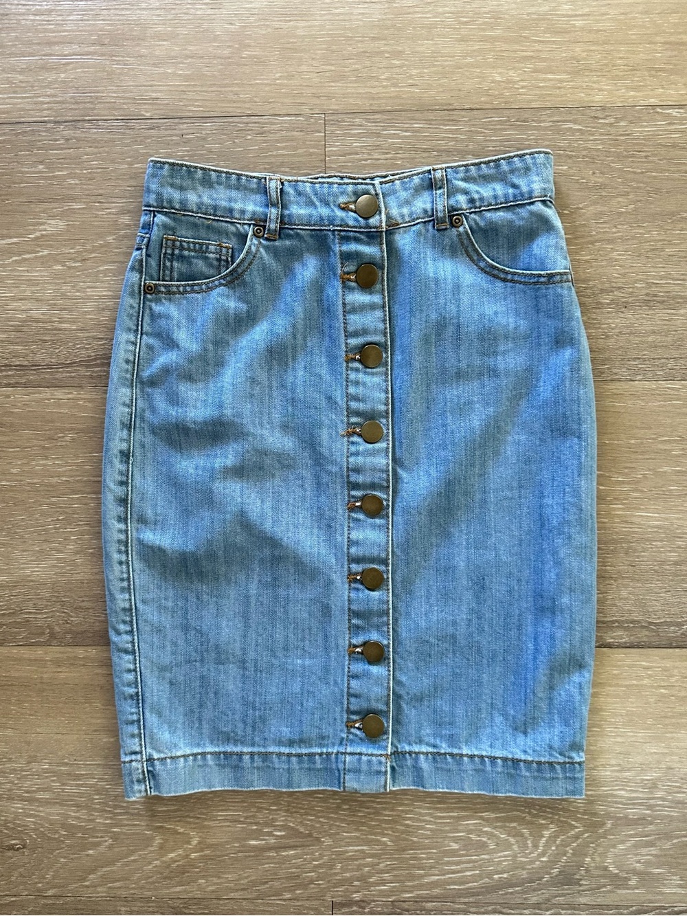 Forever 21 Light Blue Button-Front Denim Pencil Skirt